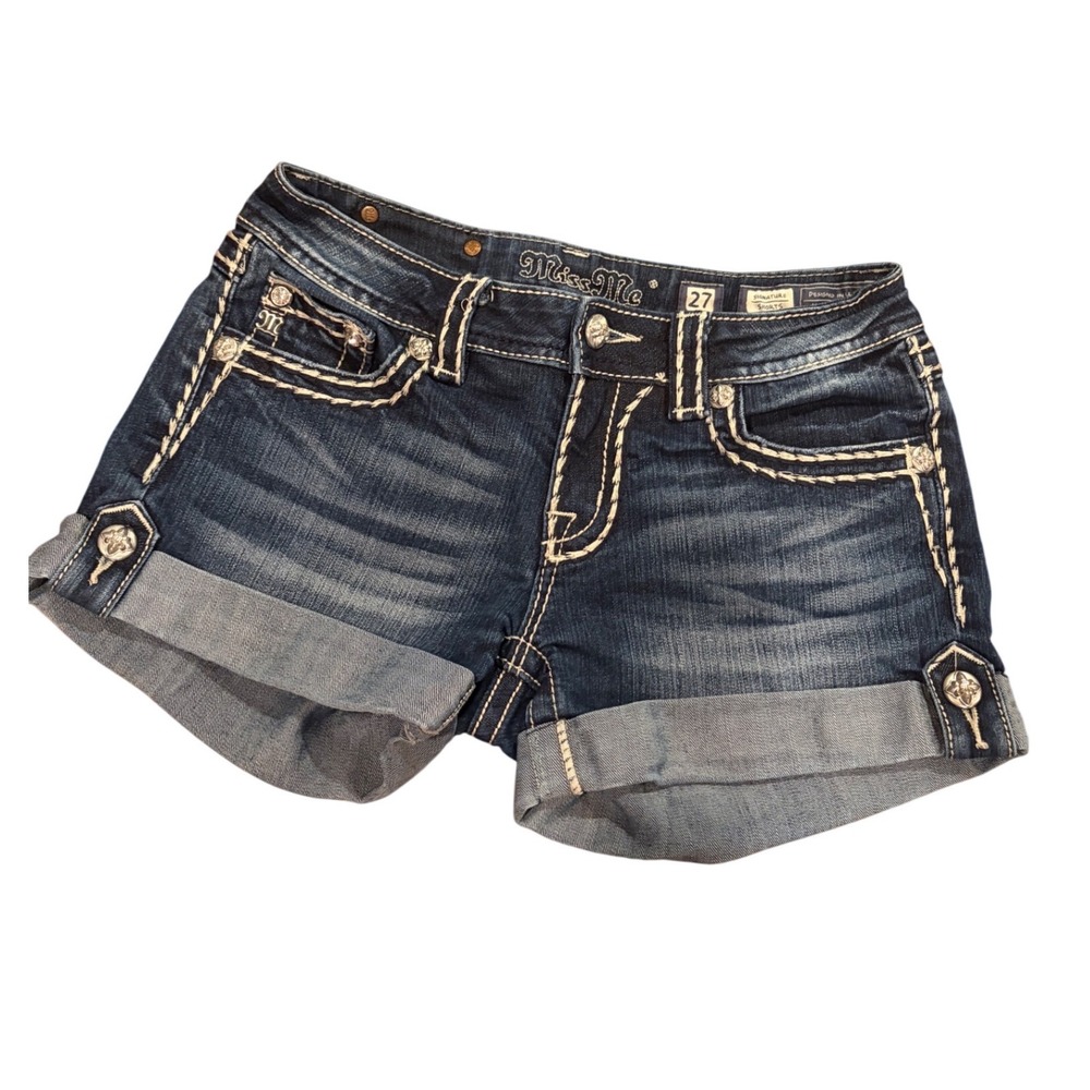 Miss Me Signature Shorts Women 27 Dark Blue Excellent Thick Stitch Cuffed Denim